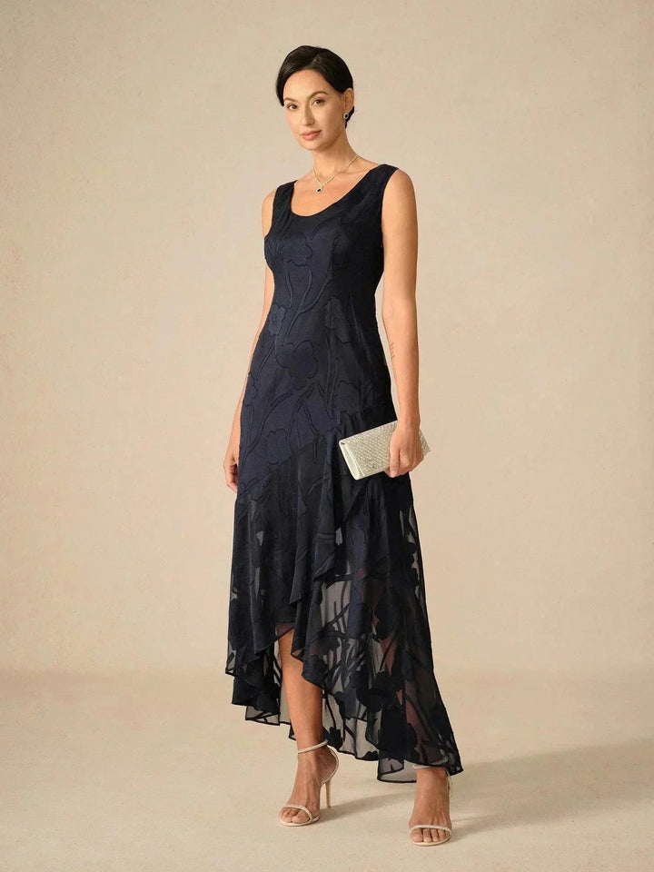 Floral Chiffon Sleeveless Evening Gown with Asymmetrical Hem