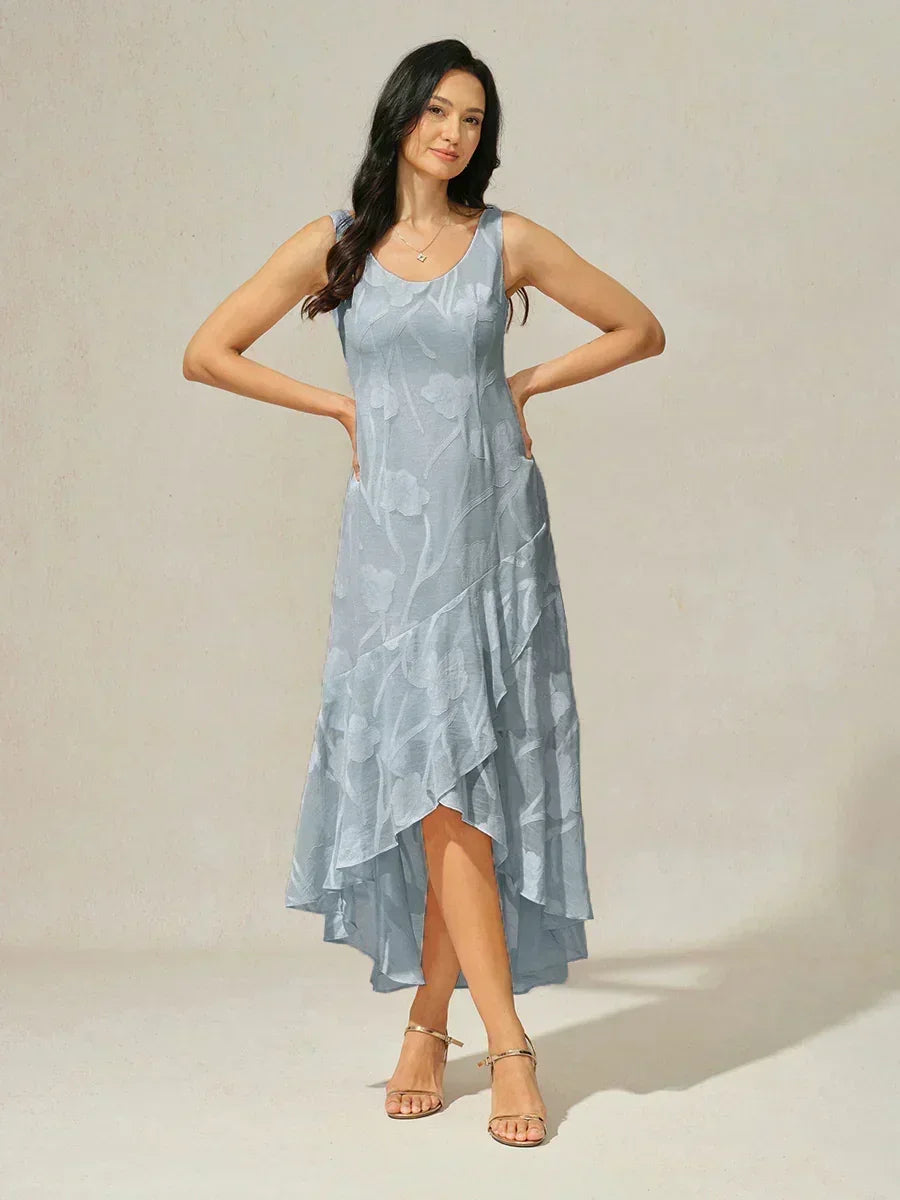 Floral Chiffon Sleeveless Evening Gown with Asymmetrical Hem