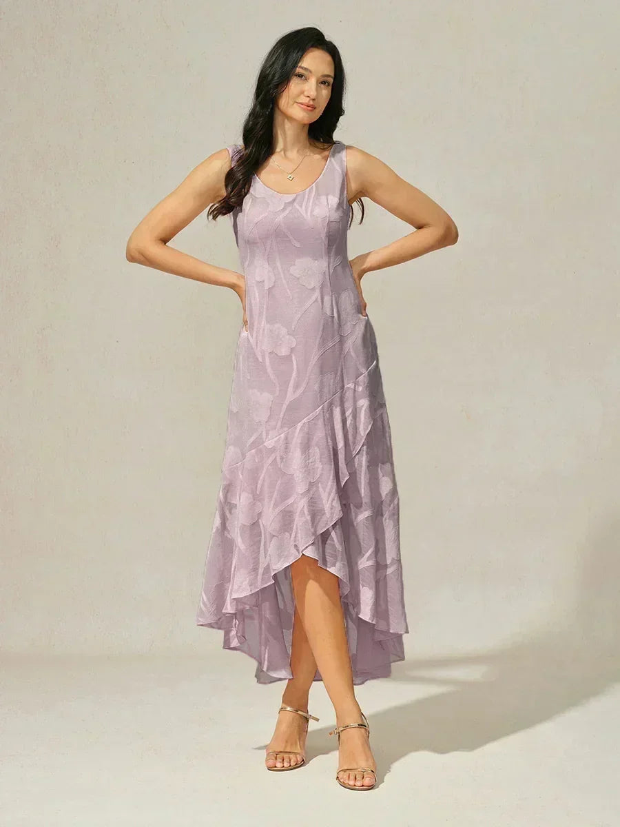 Floral Chiffon Sleeveless Evening Gown with Asymmetrical Hem
