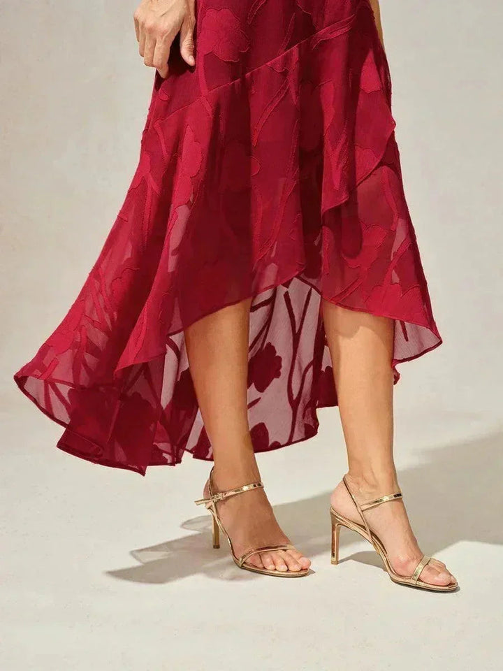 Floral Chiffon Sleeveless Evening Gown with Asymmetrical Hem