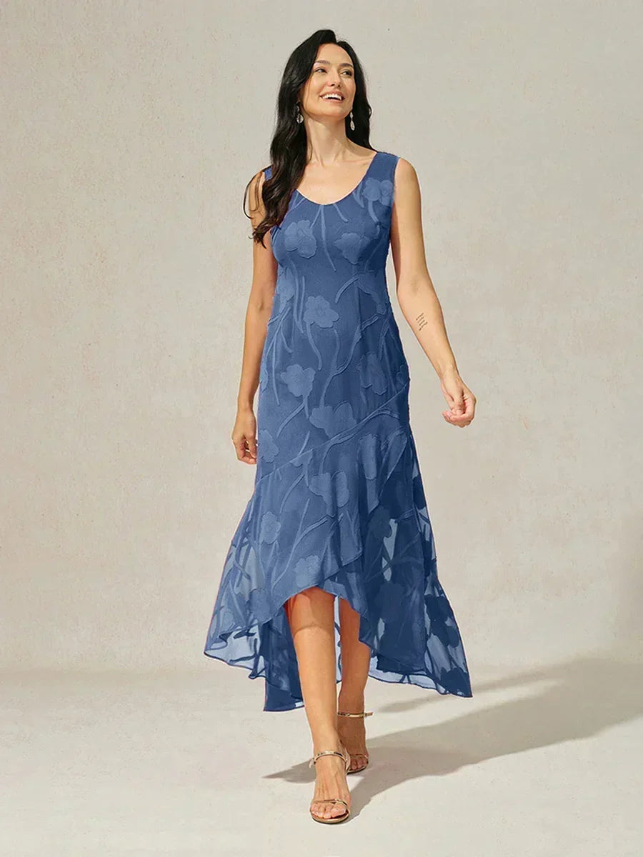 Floral Chiffon Sleeveless Evening Gown with Asymmetrical Hem