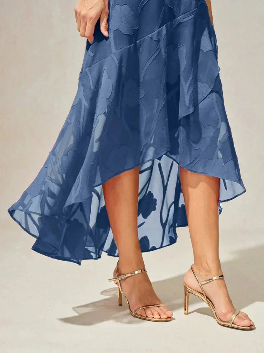 Floral Chiffon Sleeveless Evening Gown with Asymmetrical Hem