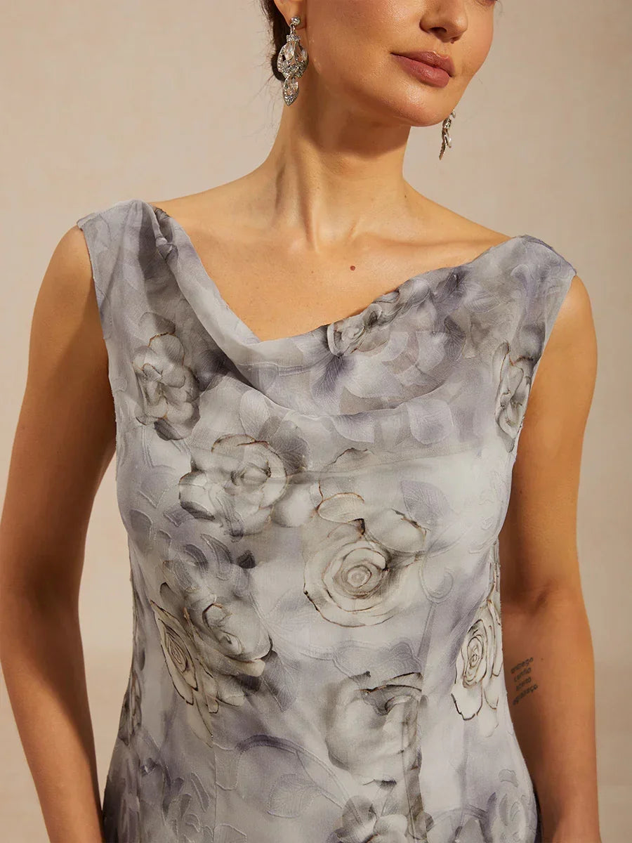 Floral Cowl Neck Tea-Length Dress with Flounce Hem