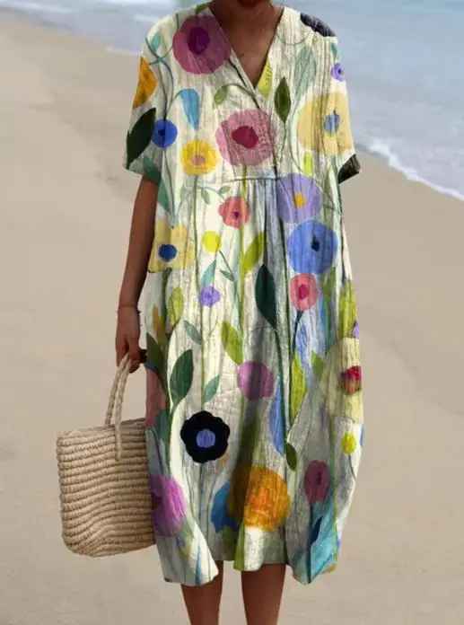 Vibrant Floral Garden Print Flowy Dress