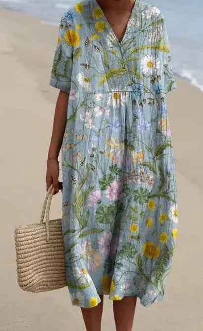 Vibrant Floral Garden Print Flowy Dress