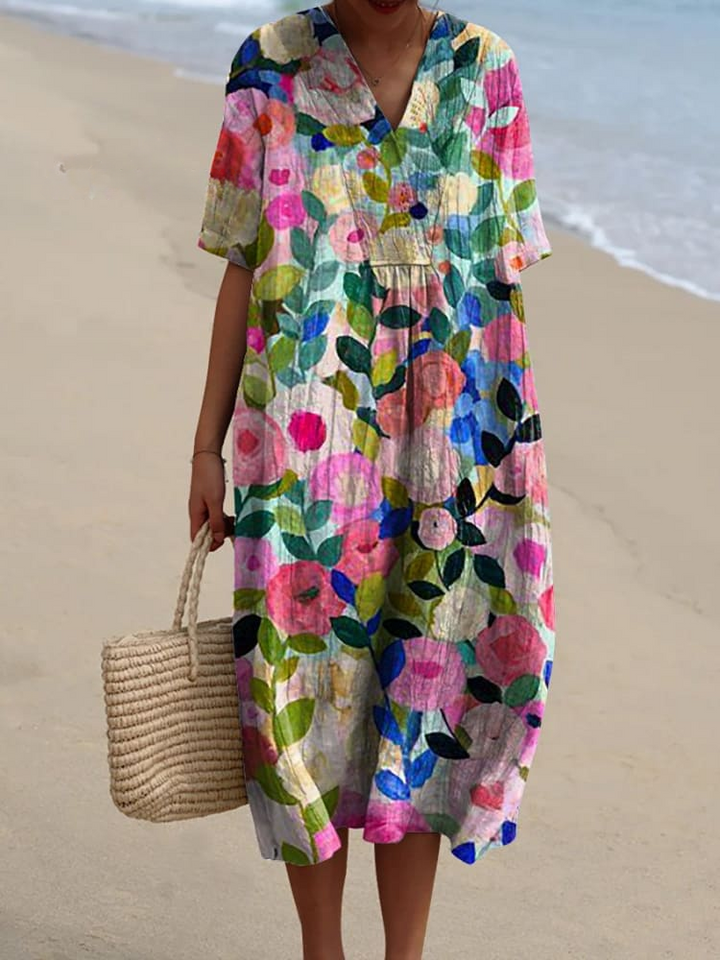 Vibrant Floral Garden Print Flowy Dress