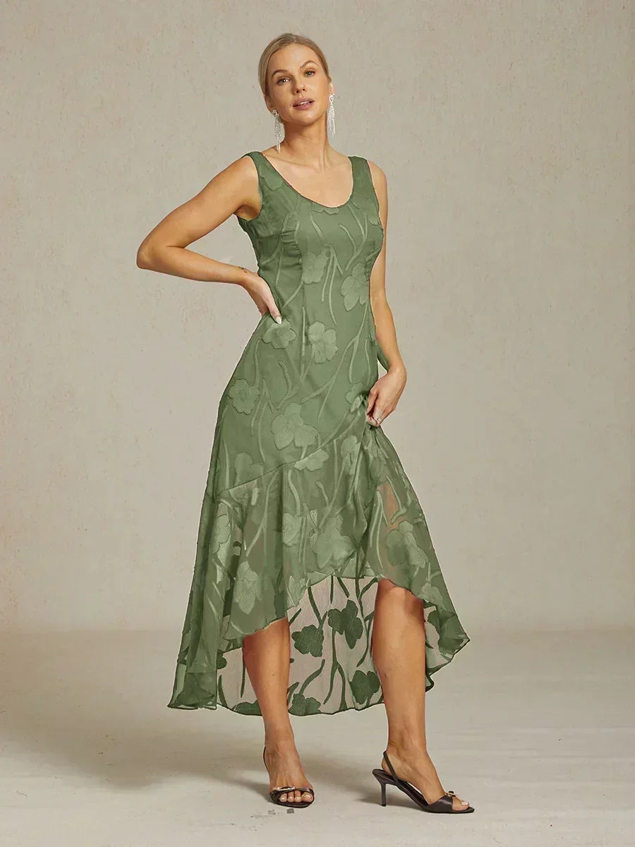 Floral Chiffon Sleeveless Evening Gown with Asymmetrical Hem