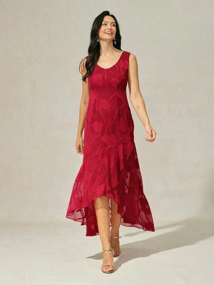Floral Chiffon Sleeveless Evening Gown with Asymmetrical Hem