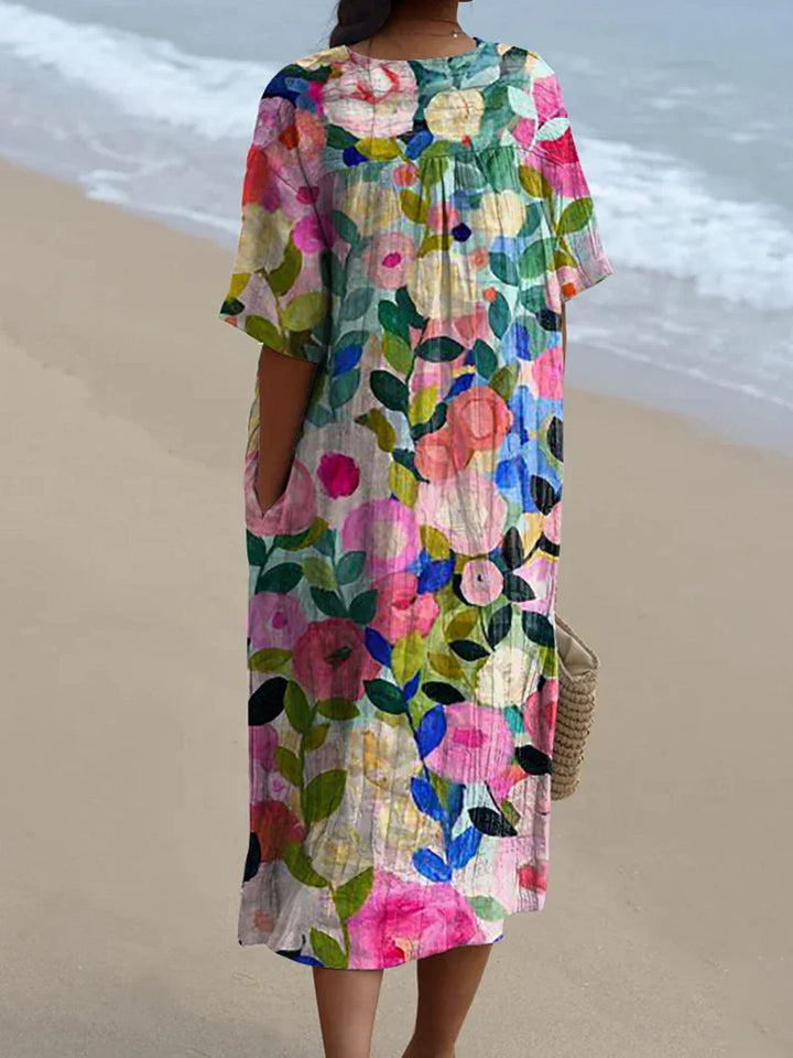 Vibrant Floral Garden Print Flowy Dress